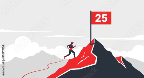 Runner Reaching Summit And Achieving Number 25 Marked Goal Flag In The Mountains
