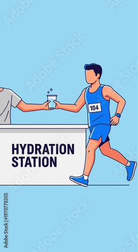 Runner Receiving Water at Hydration Station for Marathon, Race or Running Event Support
