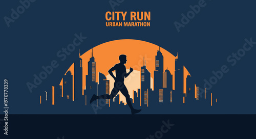 Runner Silhouetted Against Cityscape During Sunset, Representing Urban Marathon Concept