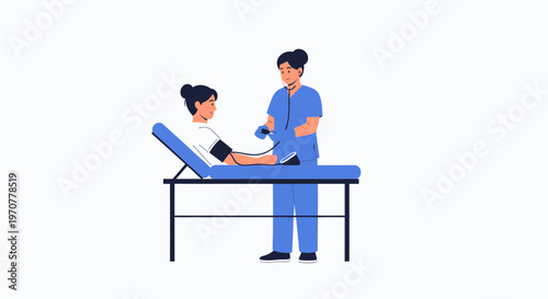 Nurse taking patient's blood pressure on examination table, medical checkup