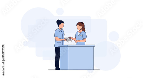 Nurses Exchanging Documents at Reception Desk in Modern Clinic