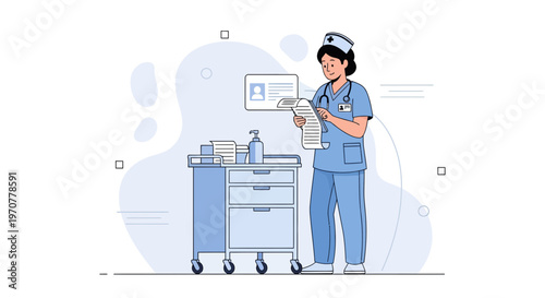 Nurse Checking Patient Records on Medical Cart in Hospital