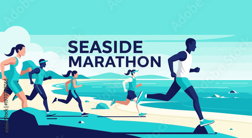 Seaside Marathon: Illustrative Depiction Of Coastal Race, Athletic Event And Sporting Competition
