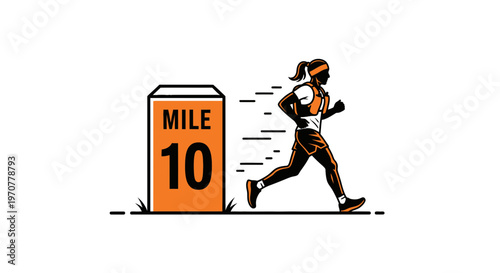 Silhouette Of A Runner Approaching Mile 10 Sign For Marathon Or Long Distance Run