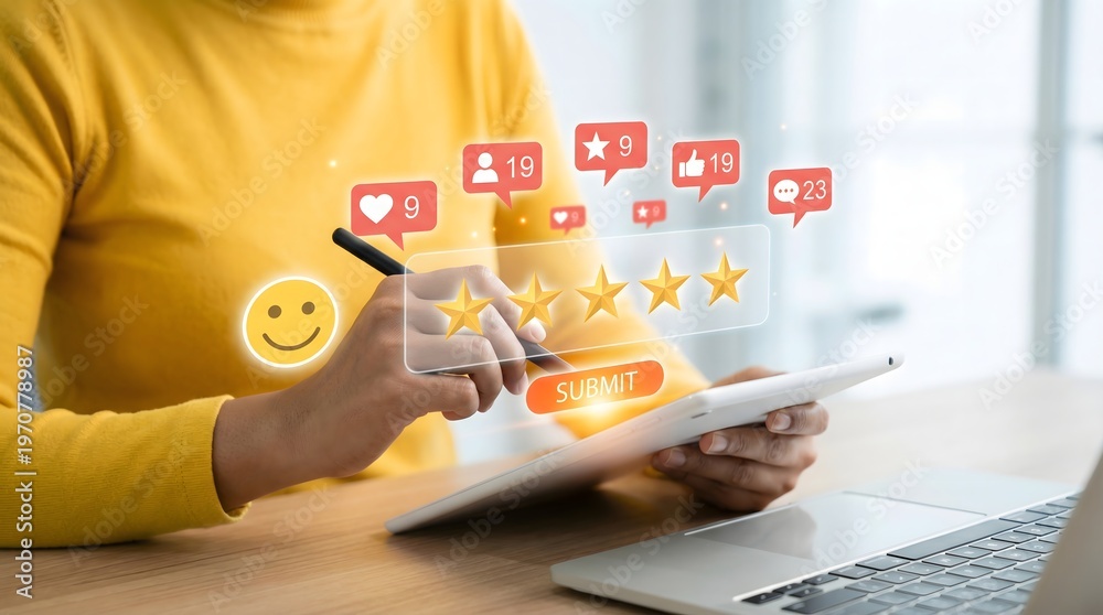Obraz premium Person holding a tablet and pen with social media icons hovering above the screen