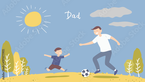 Father teaching son to play football on sunny grass field with trees