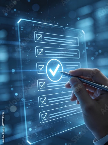 Business professional using digital checklist interface with checkmark icons, representing task completion, quality control, workflow management, and process verification