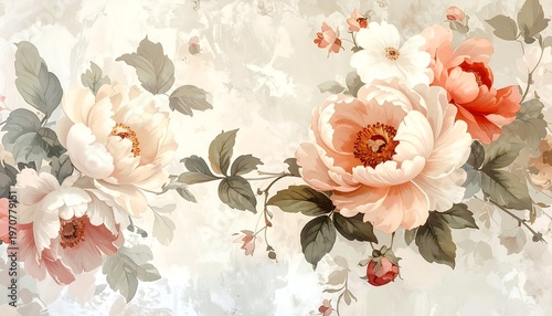 A floral arrangement with large pink roses and green leaves