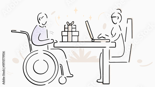 Disabled person in wheelchair using assistive technology with helper gifts on table line art style illustration