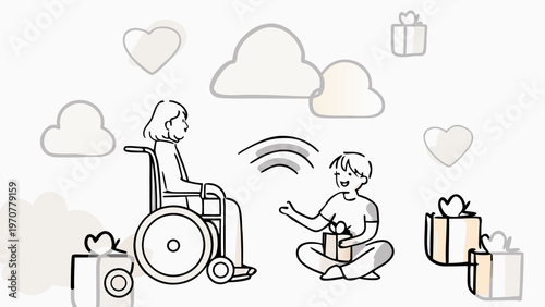 Flat vector artwork of a child assisting a disabled woman with gifts in a heartwarming scene
