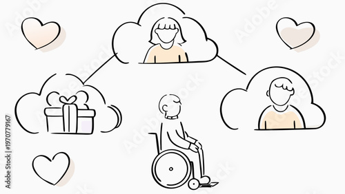 Vector illustration showing inclusive support with people thinking of each other and gift