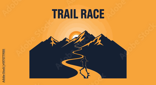 Silhouette Of A Runner During A Mountain Trail Race With Sunset Background Illustration