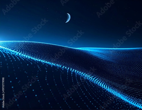 A futuristic digital landscape with glowing blue lines and dots (1)