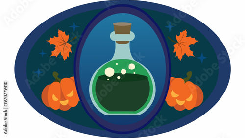 Halloween themed illustration of a green potion bottle surrounded by jack o lanterns and autumn leaves on a dark blue background