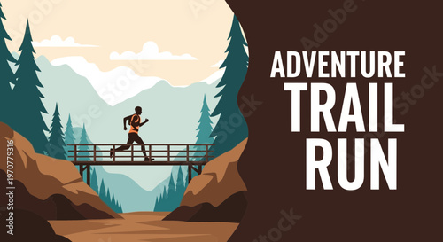 Silhouette Of A Runner Embarking On Adventure, Crossing A Bridge Towards The Mountains