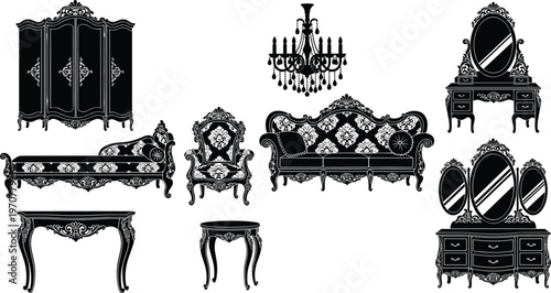 vintage baroque furniture collection with ornate sofa chair bed wardrobe chandelier vanity table mirror set, classic luxury interior, flat vector illustration