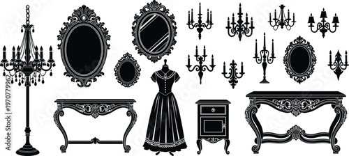 Vintage interior decor set vector illustration, antique mirrors chandeliers dress mannequin tables furniture collection, elegant classic ornamental retro flat style