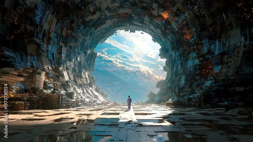 Mysterious figure in futuristic landscape portal