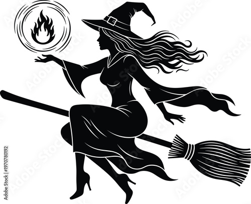 Witch silhouette flying on broomstick, magical fire spell, Halloween fantasy character, dark sorcery concept, spooky design, flat vector illustration