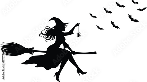 witch, silhouette, halloween, broomstick, flying, bats, spooky, dark, magic, night, horror, costume, fantasy, black, illustration, eerie, creepy, vector, isolated, design