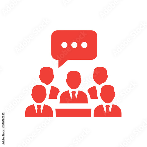 Red icon depicting a team discussion, highlighting effective verbal exchange and collaborative efforts in a professional setting.