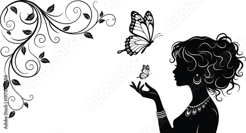 woman silhouette with butterfly vector, floral swirl illustration, beauty fashion design, elegant female profile, decorative nature element, artistic clipart composition