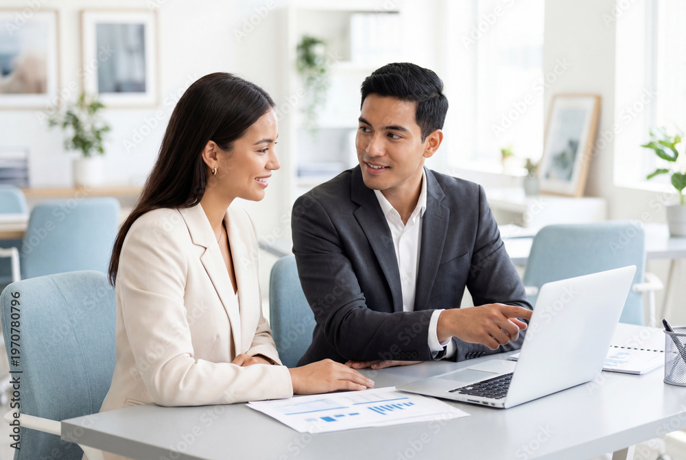 Fototapeta premium Two business professionals discussing project on laptop in office