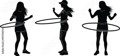 woman, silhouette, hula, hoop, fitness, exercise, sport, workout, activity, dance, movement, healthy, lifestyle, training, balance, female, recreation, black, shadow, design - flat vector illustration