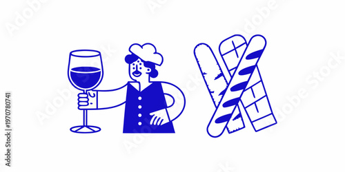 A simple illustration of wine a baker and baguettes