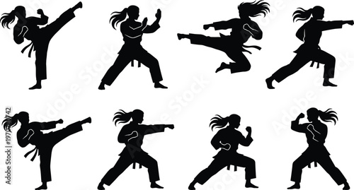 Women karate martial arts silhouette set with kicking punching fighting poses self defense training sport illustration
