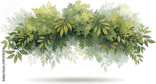 Watercolor green foliage border, lush garden leaves and bushes vector illustration, botanical shrubbery header for landscape design and wedding cards