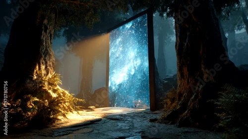 Mystical portal in a forest with starry backdrop