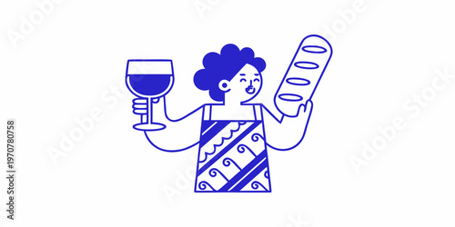 A happy woman holding a glass of wine and a baguette