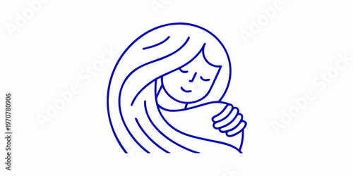 Simple line drawing depicts a woman embracing herself with closed eyes