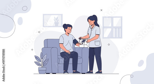 Nurse checking patient's blood pressure at home, healthcare concept illustration