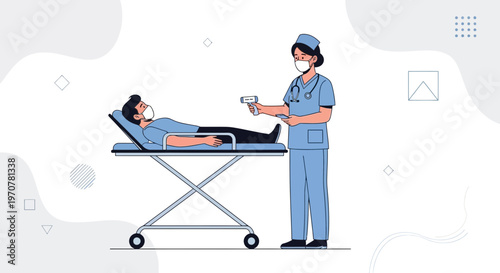 Nurse checks patient's temperature with infrared thermometer on stretcher, medical concept.