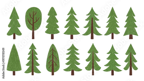 A collection of various stylized green evergreen trees and a deciduous tree are arranged in two rows on a white background high quality professional detailed modern