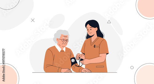 Nurse checking elderly patient's blood pressure, healthcare concept illustration