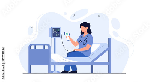 Nurse checking patient's temperature in hospital bed with vital signs monitor