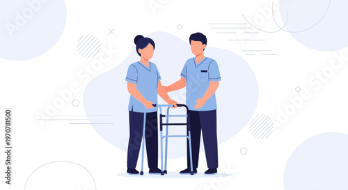 Nurse helping elderly patient walk with a walker, healthcare concept