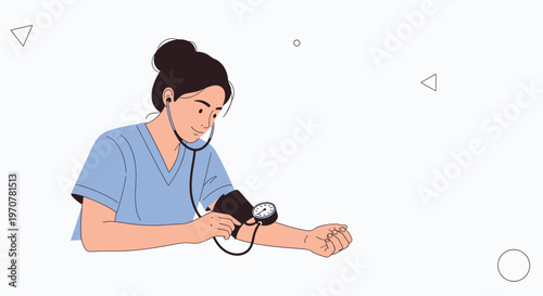 Nurse checking blood pressure with stethoscope and sphygmomanometer