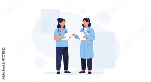 Two doctors discussing medical documents, illustration, healthcare concept
