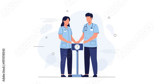 Medical Professionals Weighing Patient on Scale, Healthcare Concept Illustration