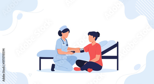 Nurse measuring patient's blood pressure, medical check-up, healthcare concept