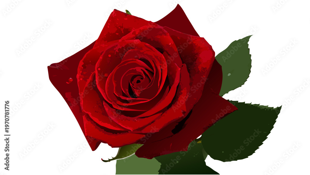 Naklejka premium A beautiful red rose with green leaves on a white background