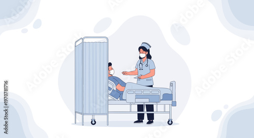 Nurse Caring for Patient in Hospital Room with Privacy Screen