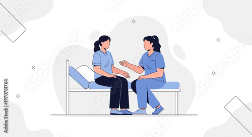 Nurse talking to patient in hospital bed, healthcare consultation, medical care illustration