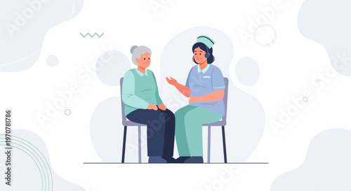 Nurse comforting elderly patient, healthcare consultation, medical support, senior care