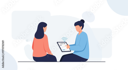 Two people in a meeting, one holding a tablet with a graph, communication concept