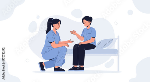 Nurse consulting patient on hospital bed, healthcare concept illustration